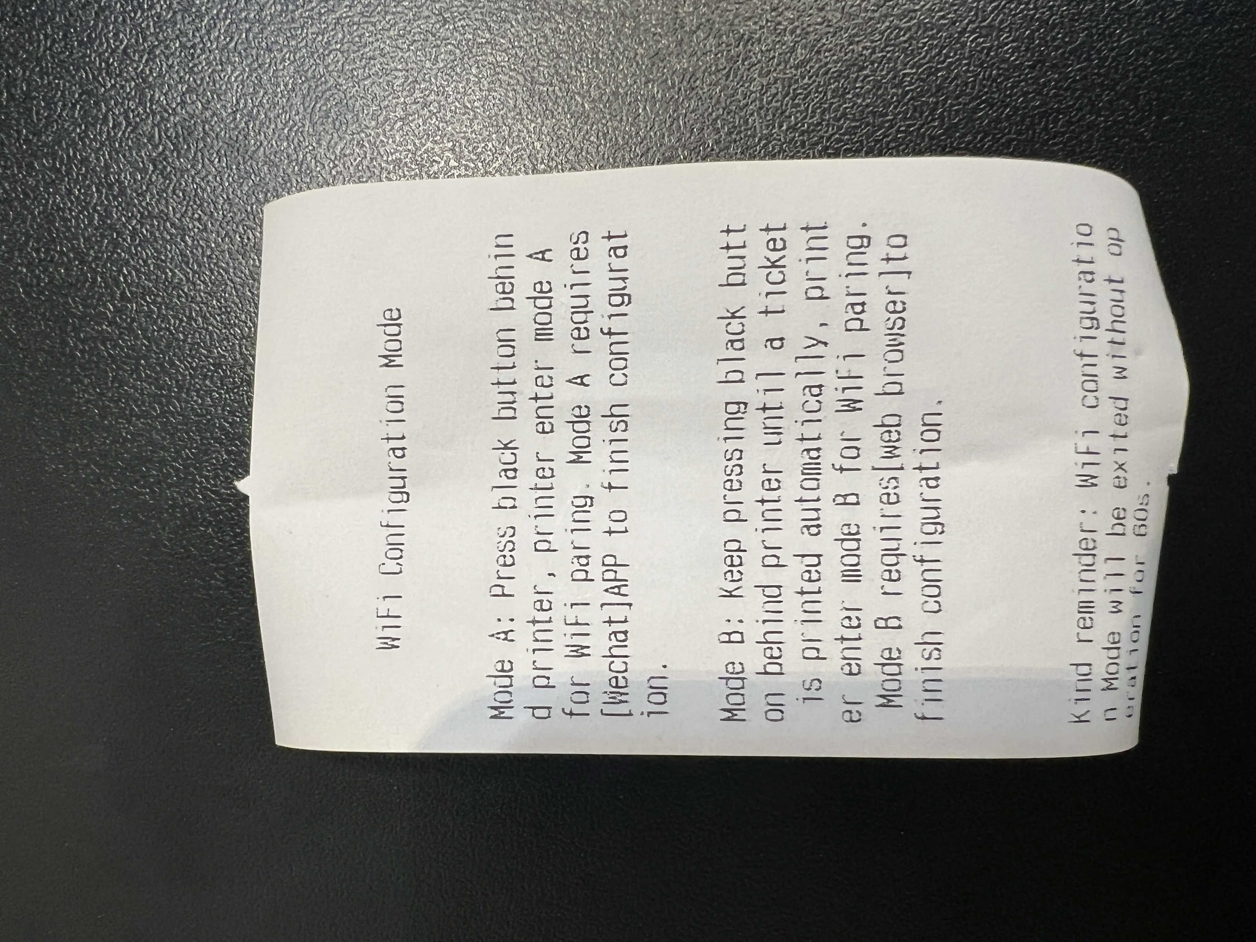 Printer configuration receipt showing Mode A and Mode B pairing options after first button press