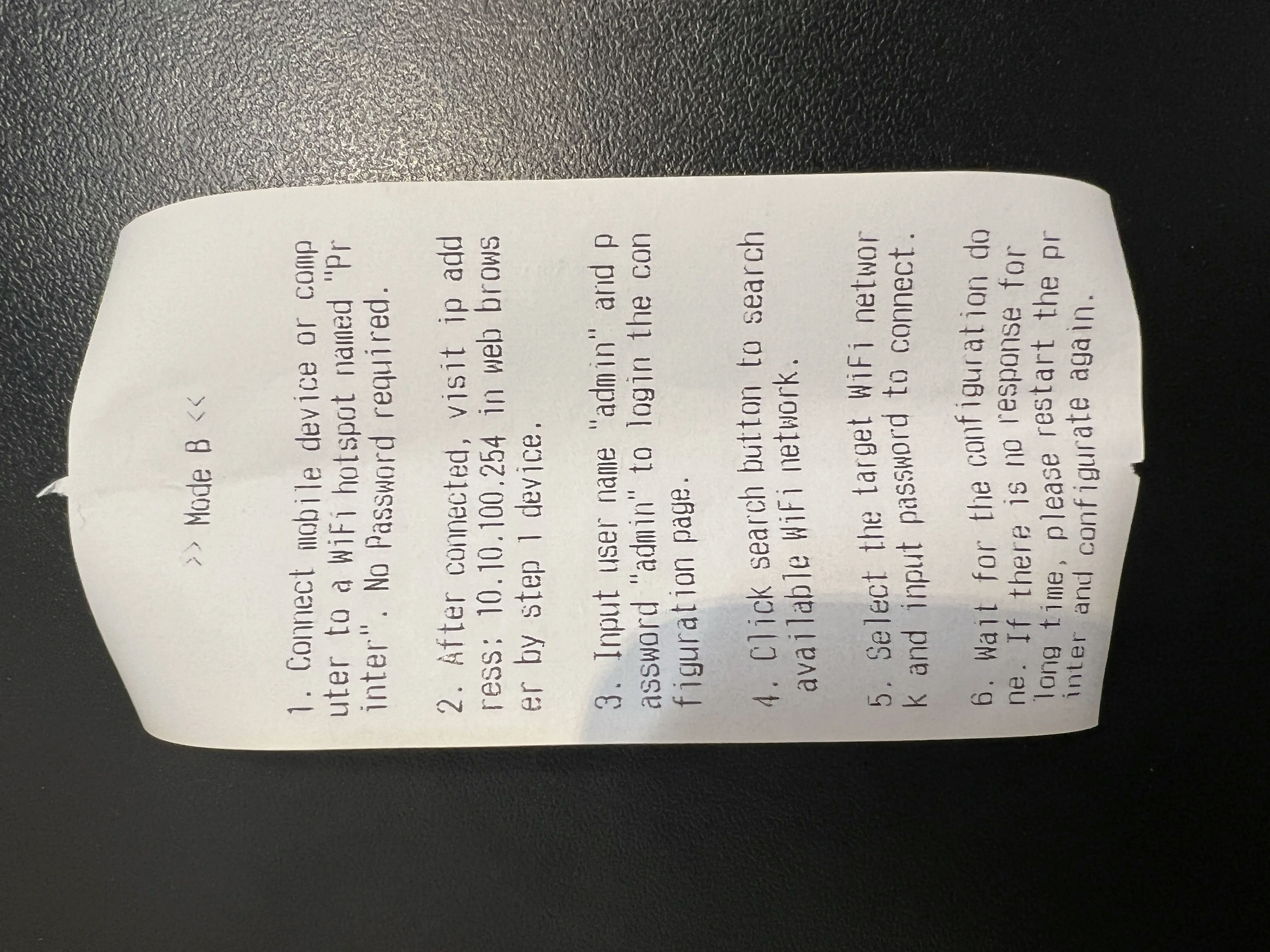 Printer receipt confirming Mode B manual WiFi pairing mode is active with instructions