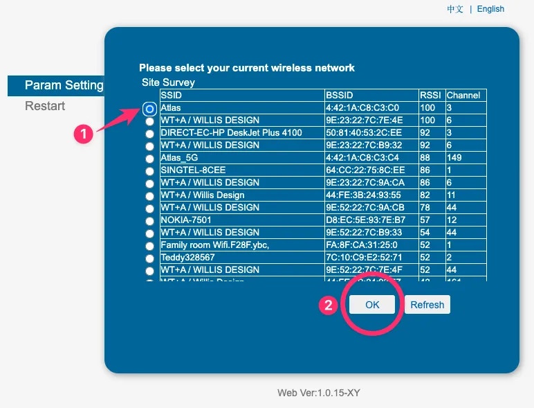 Printer WiFi network selection screen displaying list of available networks with radio buttons and OK button
