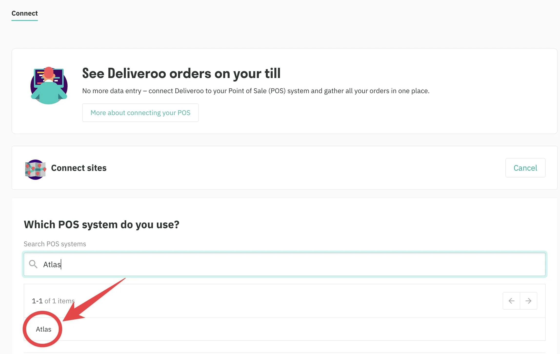 POS system selection dropdown with search field to find and select Atlas as the integration partner