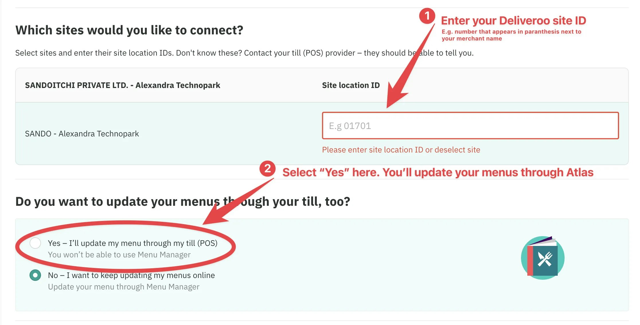 Deliveroo site configuration form showing Site location ID field and menu update method selection with POS option highlighted
