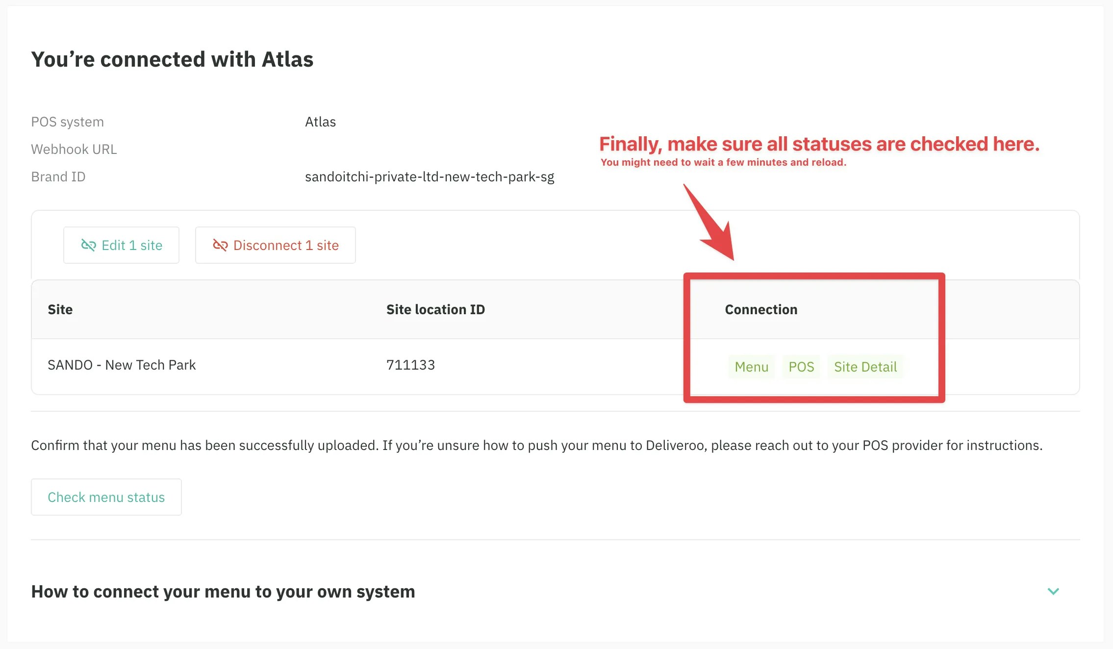 Deliveroo Integrations summary displaying green status tags for Menu, POS, and Site Detail indicating successful connection