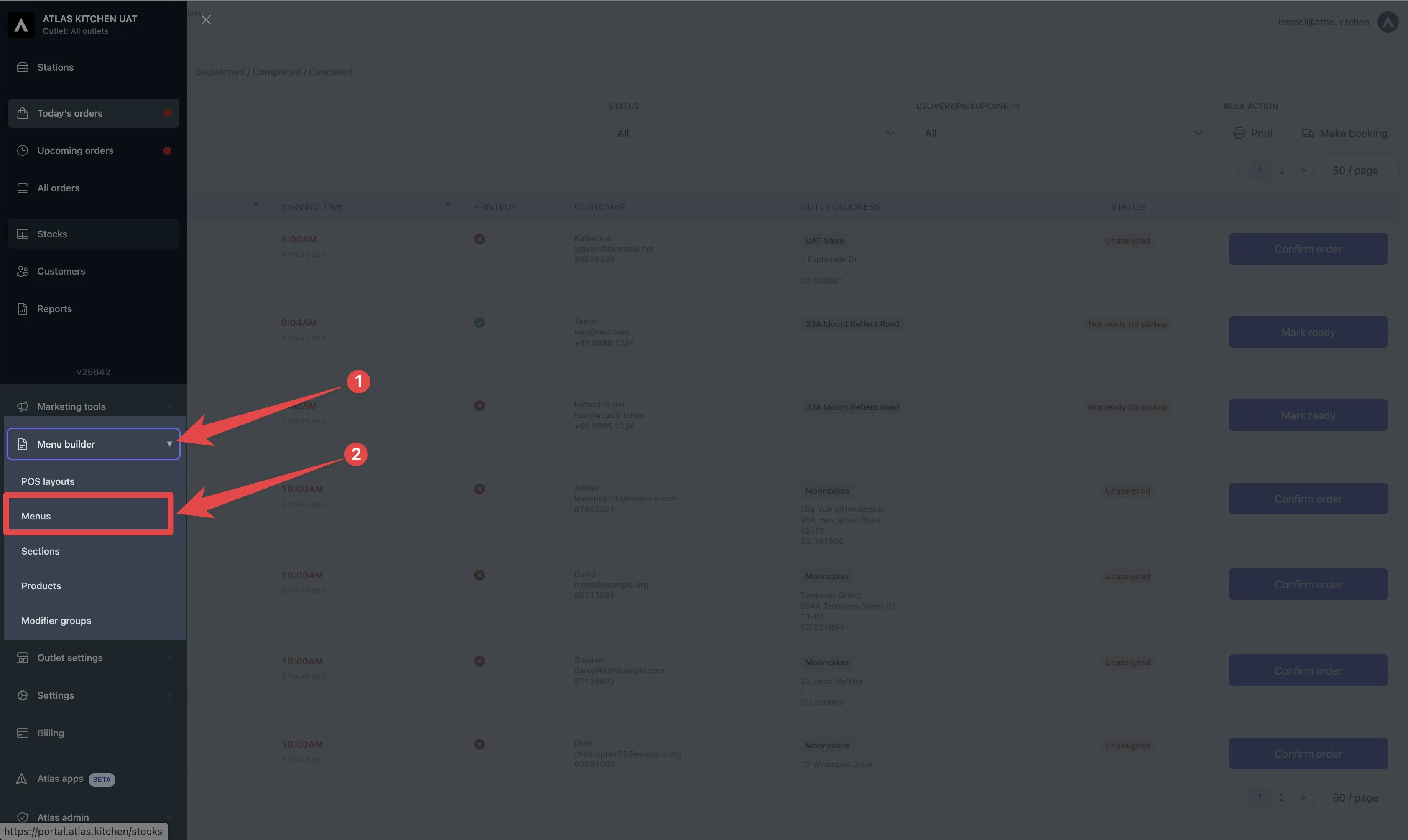 Atlas sidebar navigation showing Menu Builder expanded with Menus option highlighted