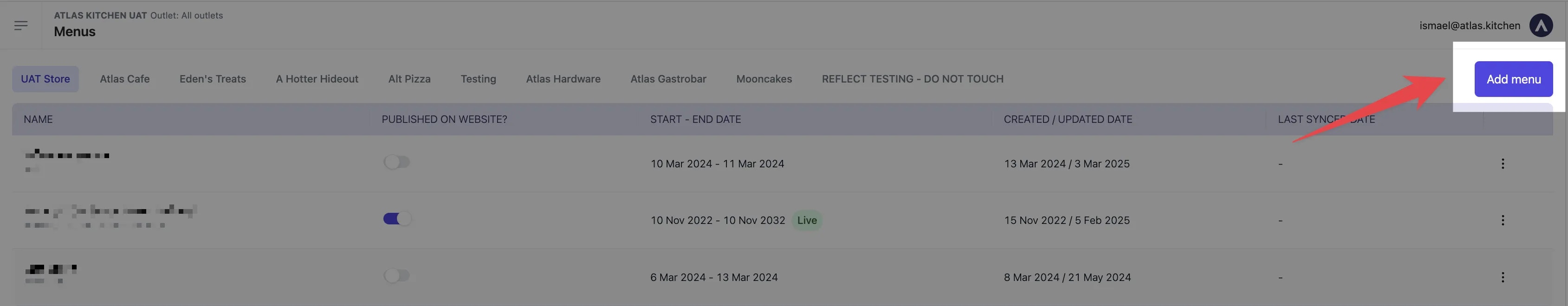 Menus page with Add Menu button in top-right corner to create new menu