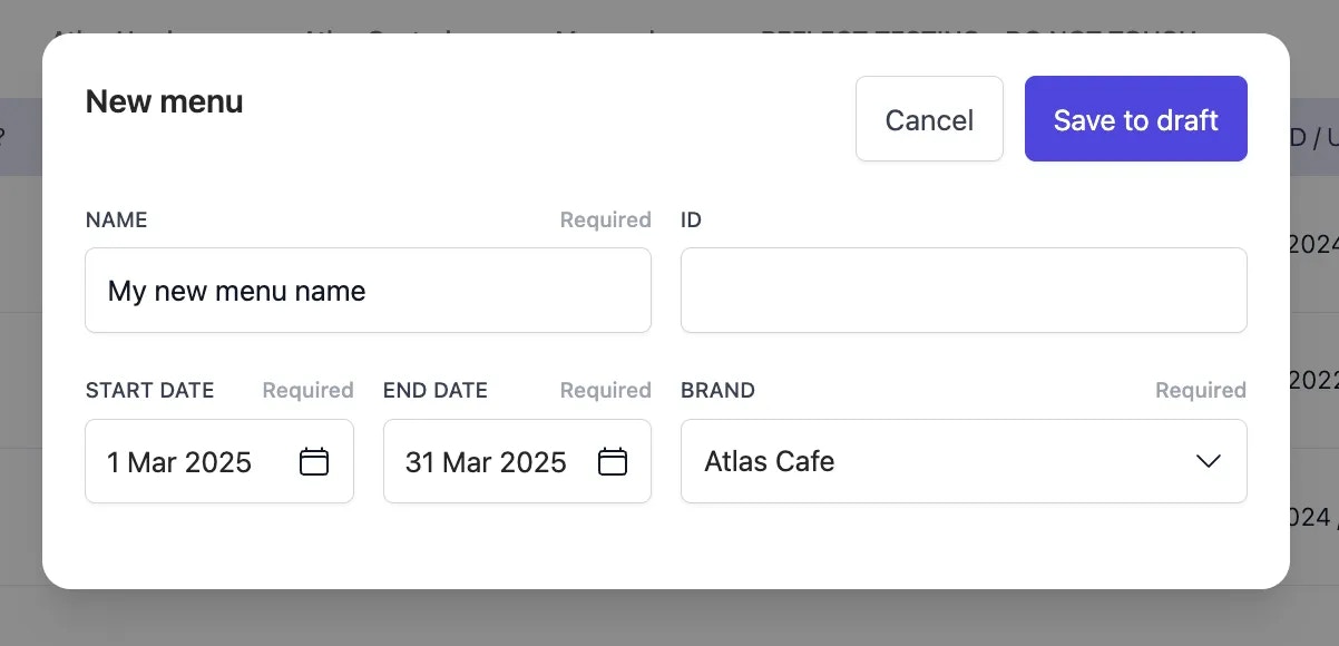 Menu creation form showing ID, Name, Brand, and Description fields with Save to draft button