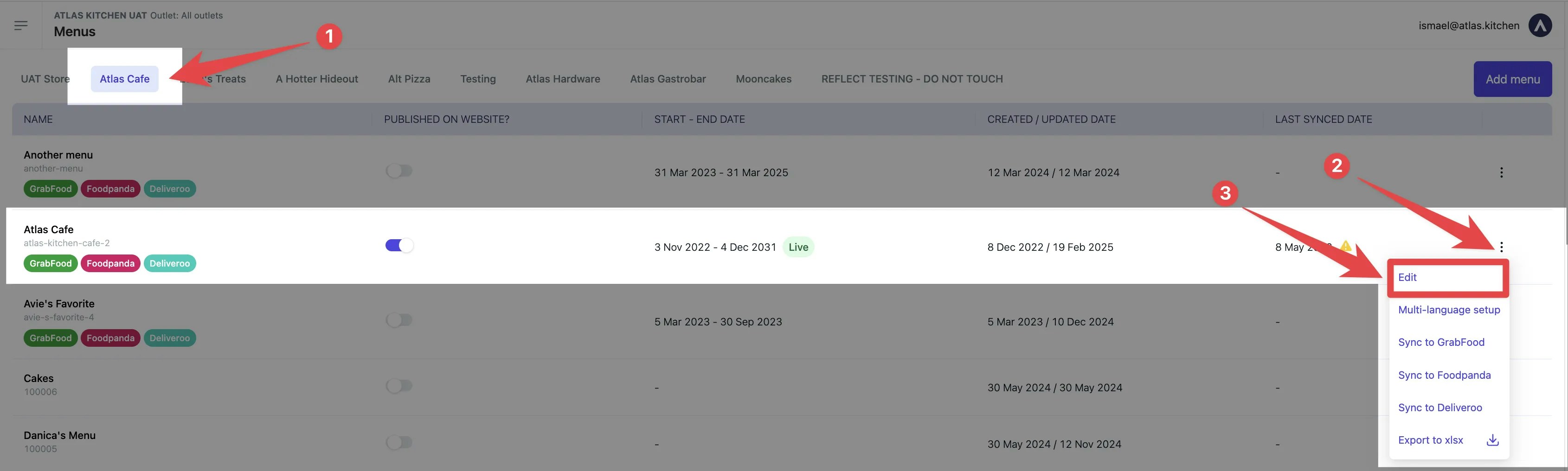 Menus list showing brand folders with three-dot menu displaying Edit option for menu management