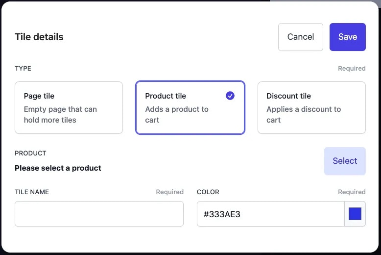 Add new tile dropdown menu showing Page tile, Product tile, and Discount tile options for POS layout