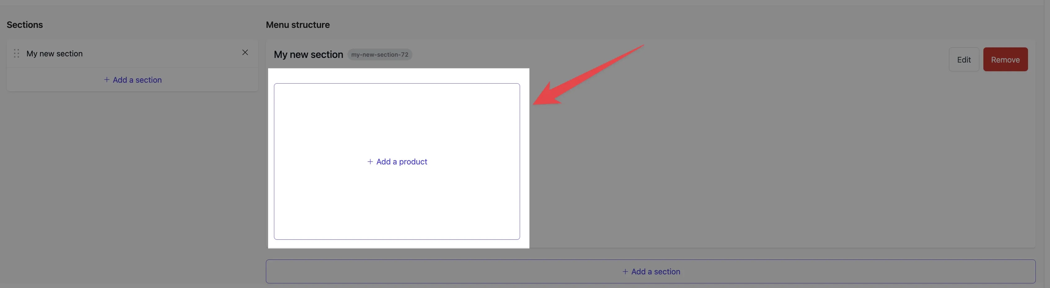 Menu section showing Add a product button to add items to the section
