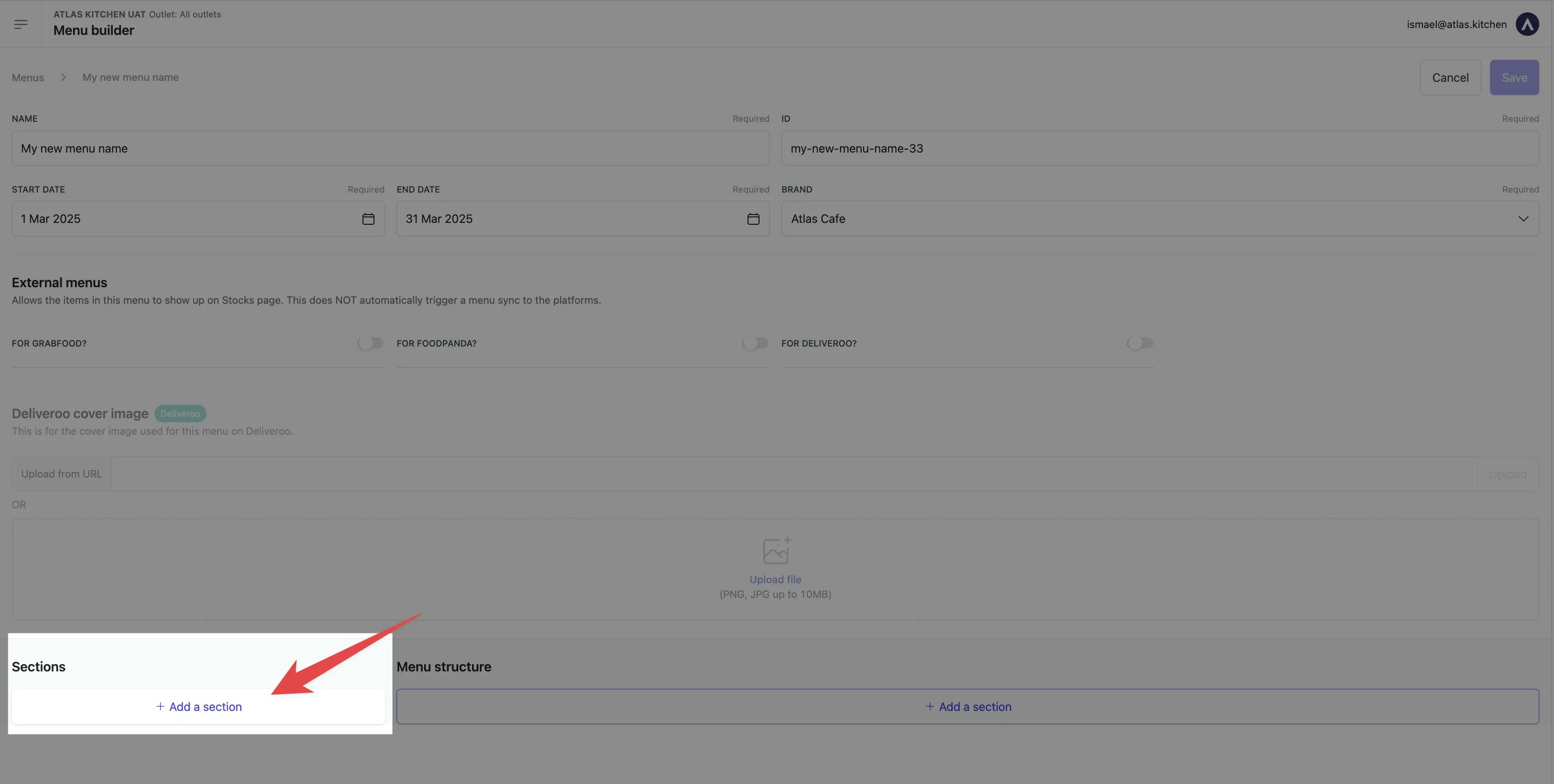Menu editor showing Add a section button in left sidebar to create menu sections