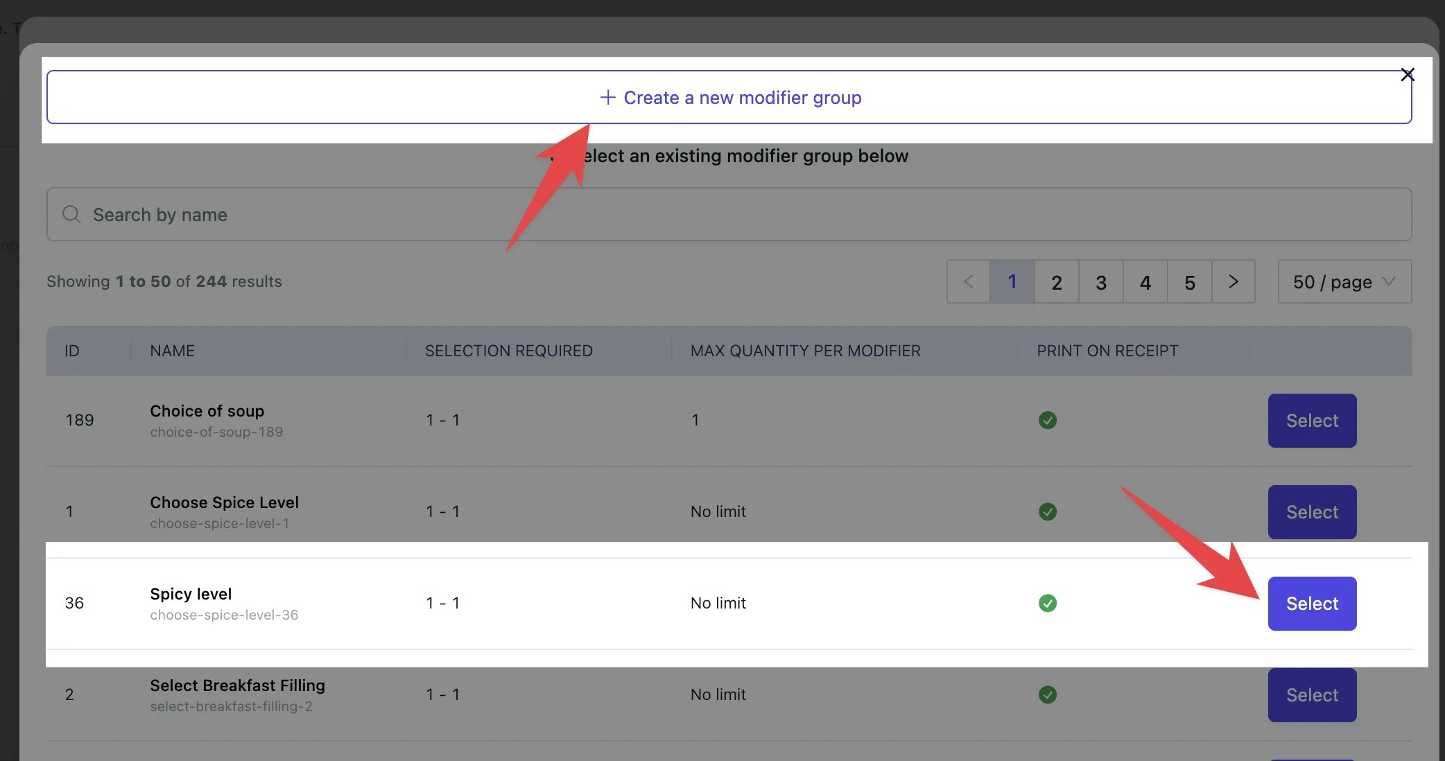 Modifier group selection modal with Create new modifier group option and searchable list of existing modifier groups