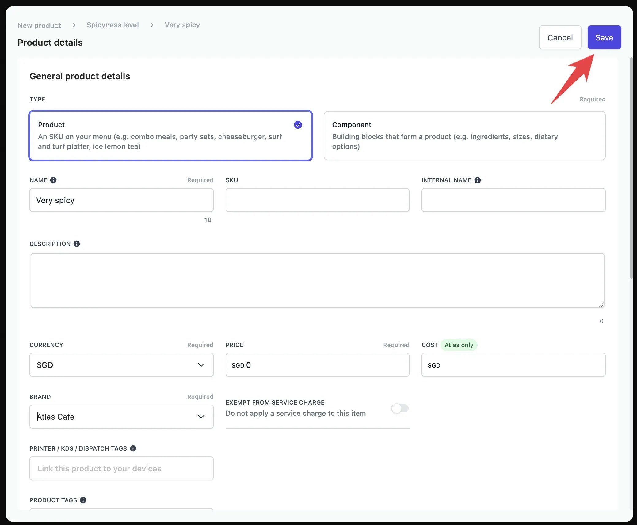 Modifier product details form showing Name, Price, and basic product configuration fields