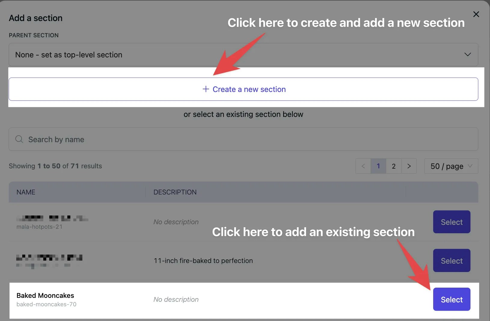 Section selection modal with options to Create new section or select existing sections to add to menu
