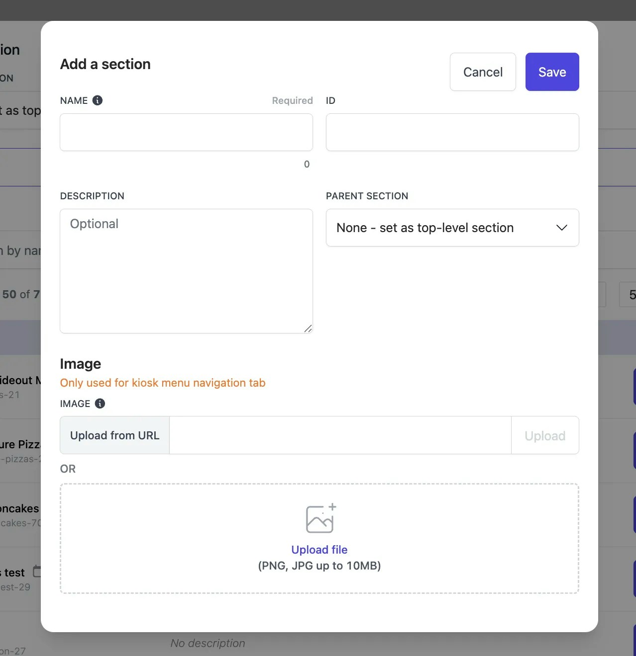 Section details form showing ID, Name, Description, and Image upload fields with Save button