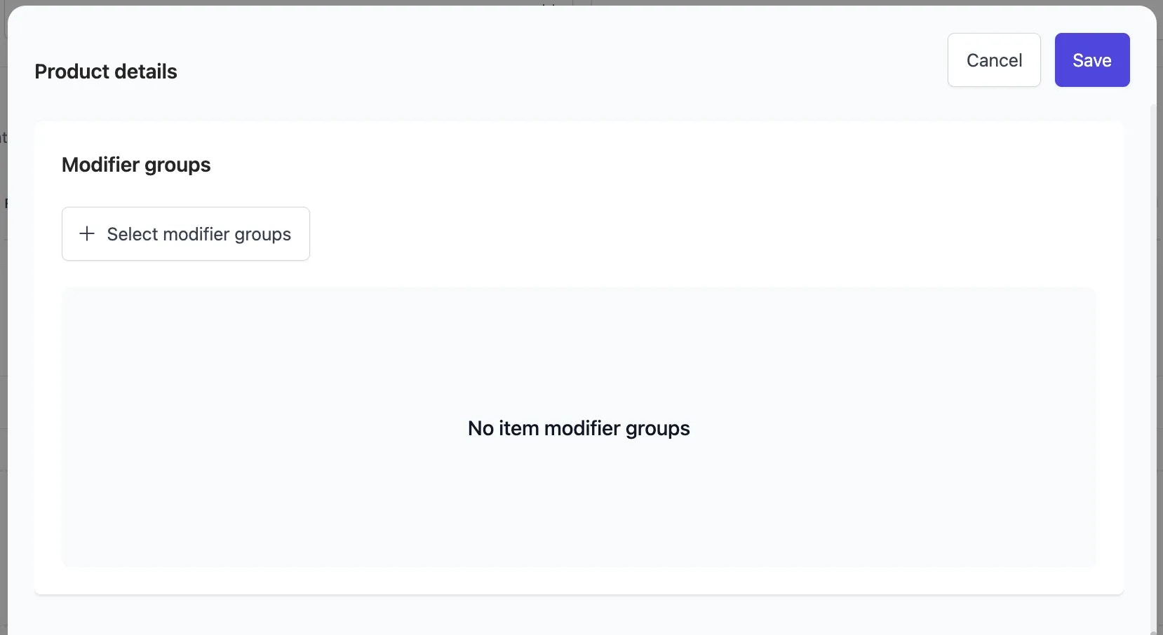 Product details showing Modifier groups section with Select modifier groups button to add customization options