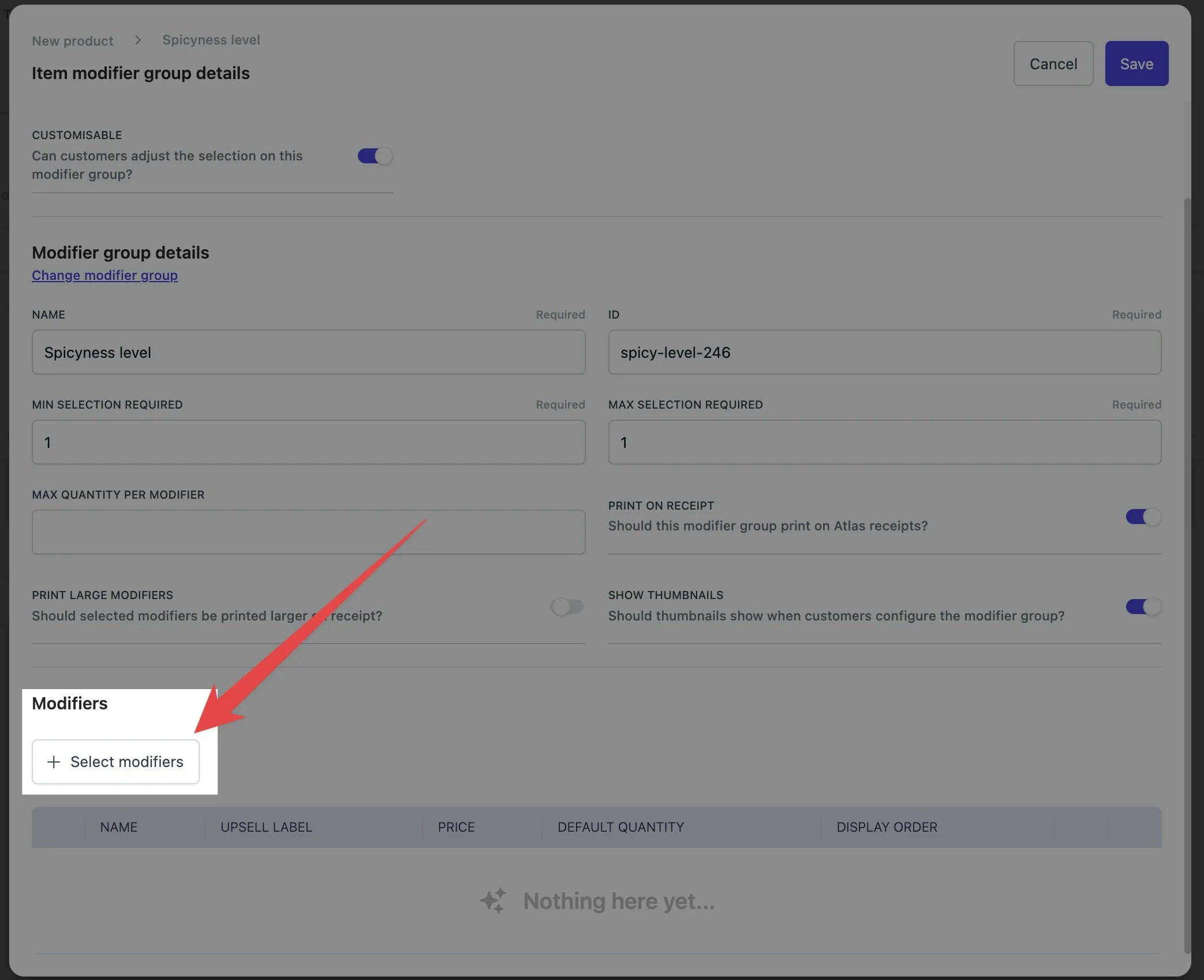 Modifier group details showing Modifiers section with Select modifiers button to add individual options