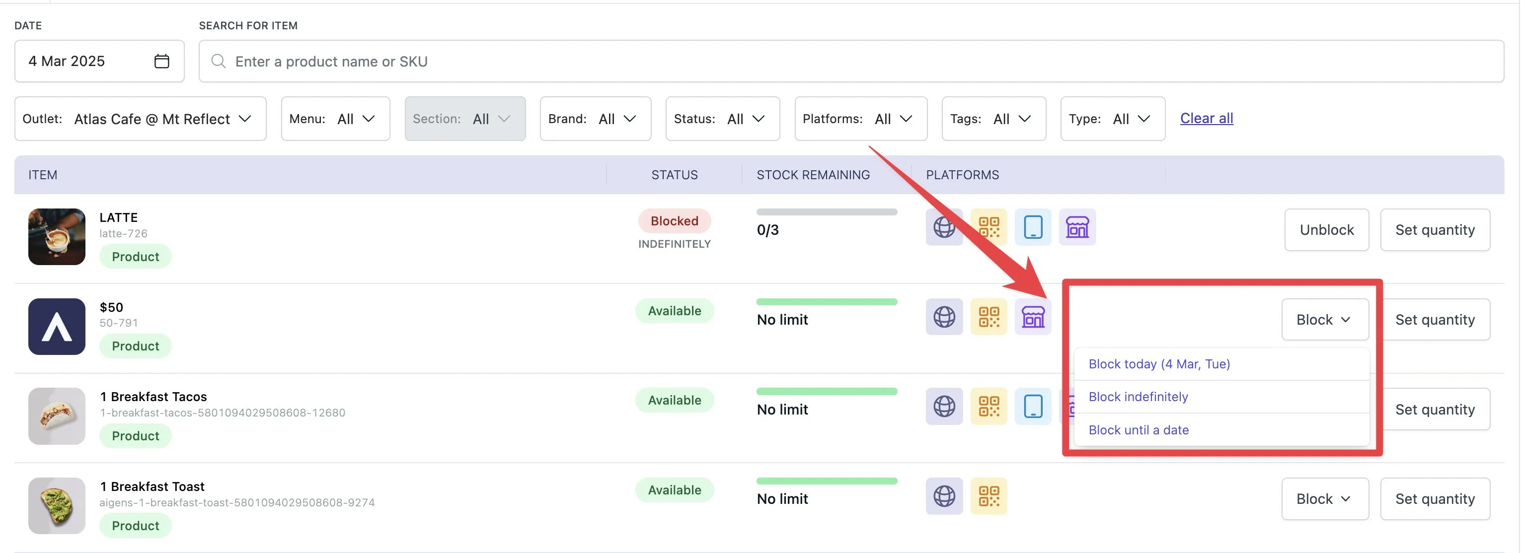 Blocking options dropdown showing today, indefinitely, and custom date options