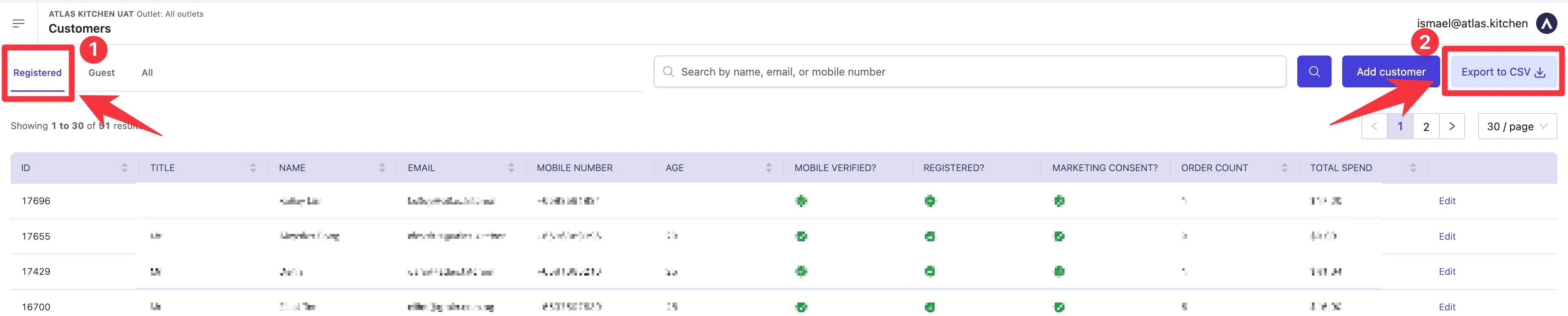 Export to CSV button for downloading customer data for marketing and analytics