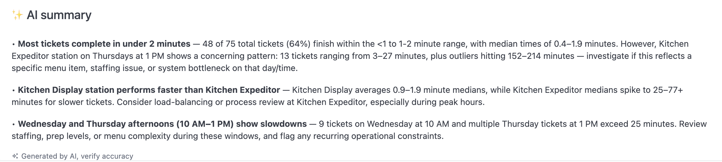 AI-generated summary showing patterns in ticket completion times and station performance