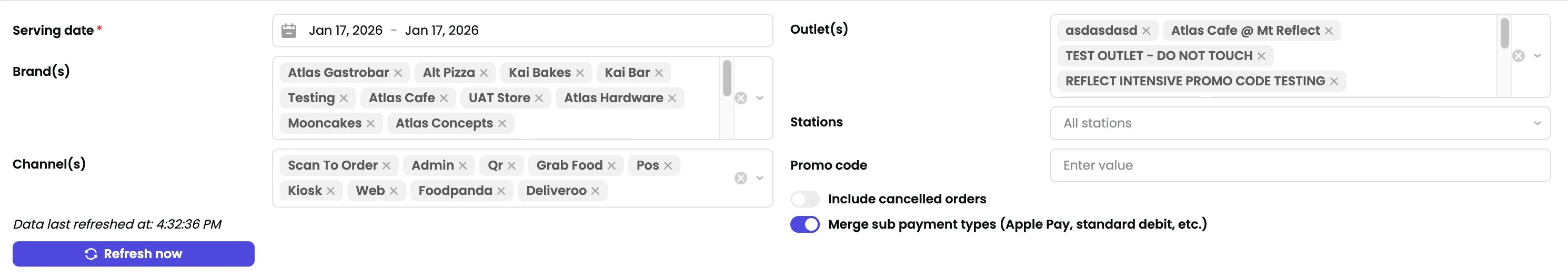 Filters showing serving date, brand, channel, outlet, stations, promo code, and toggles for cancelled orders and merged payment types