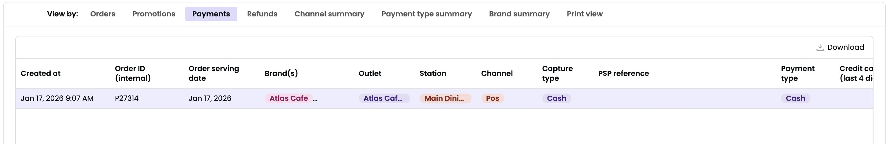 Payments table showing payment transactions with order ID, serving date, brand, outlet, station, channel, capture type, PSP reference, and payment type