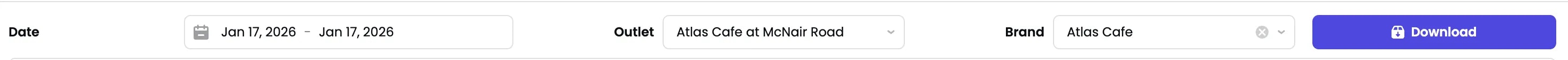 Filters showing date range, outlet selector, and brand filter with download button