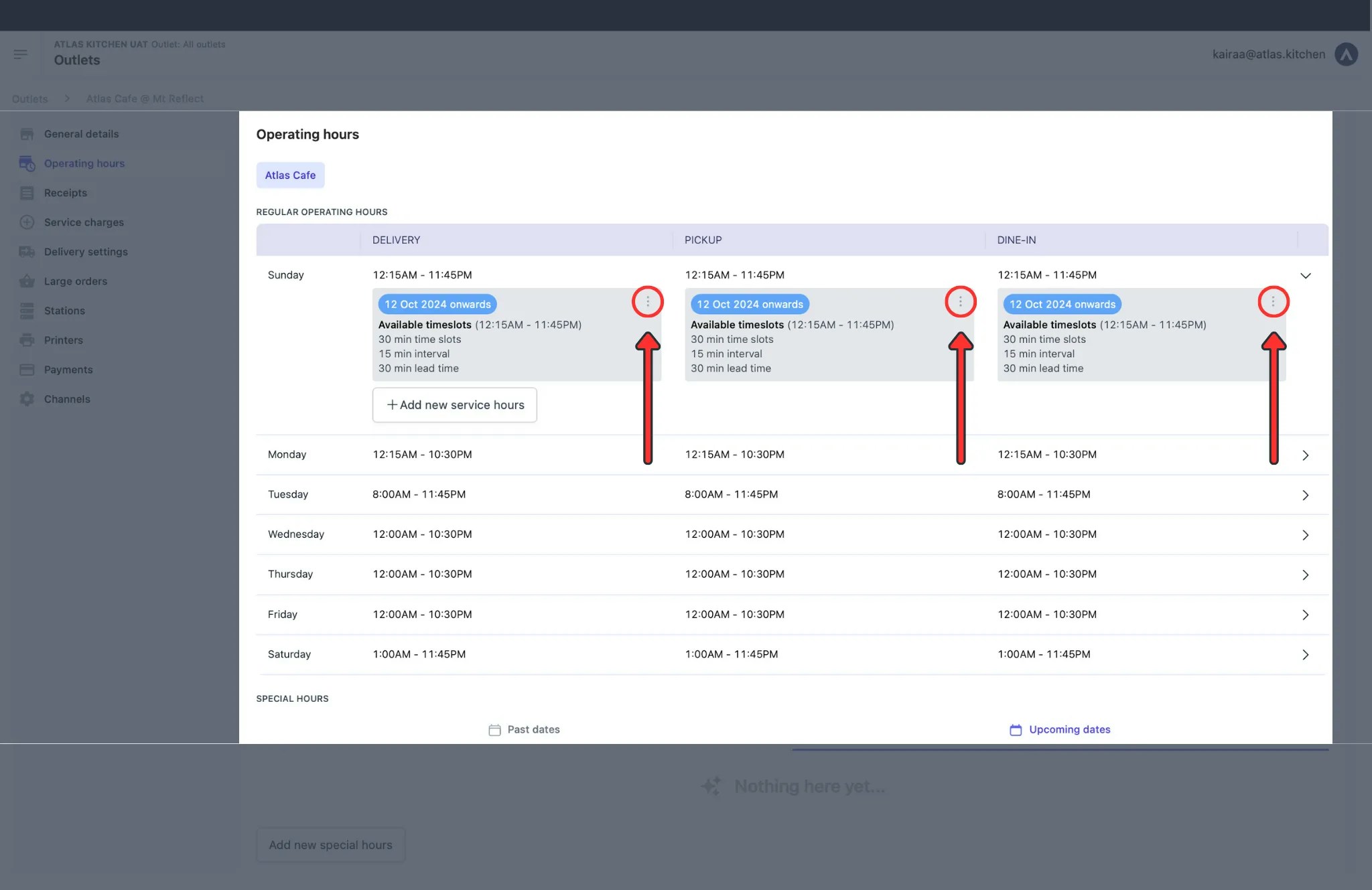 Operating hours time slot showing three-dot menu icon to edit or delete service hours