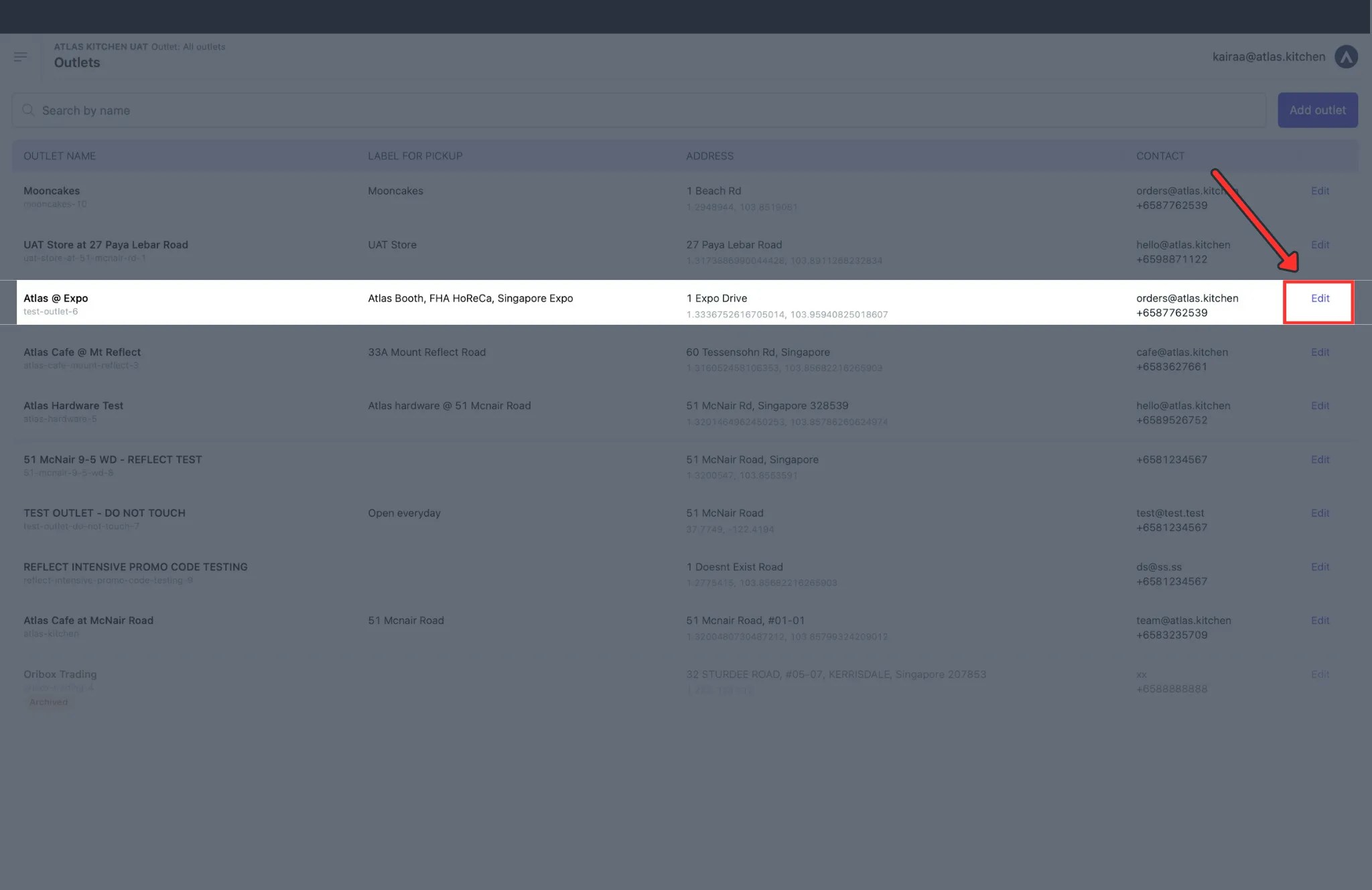 Outlets list showing outlet cards with Edit button to modify outlet settings