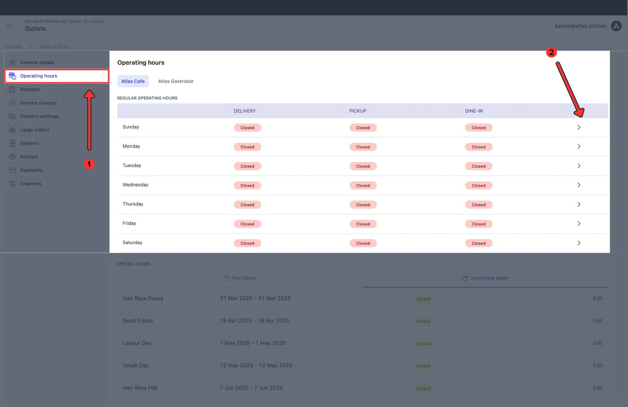 Outlet settings page with Operating Hours selected in left sidebar showing weekly calendar view