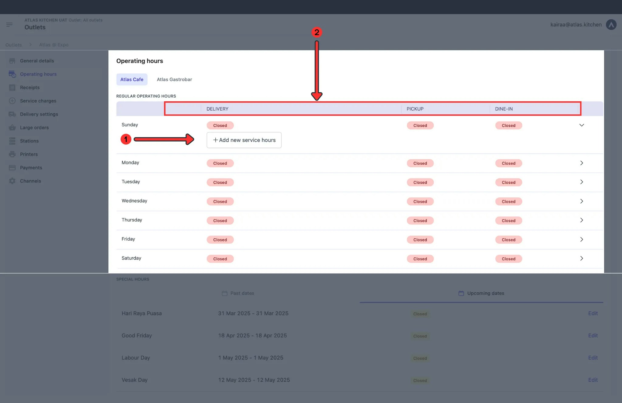 Operating hours configuration showing Add new service hours buttons for Delivery, Pick Up, and Dine In options