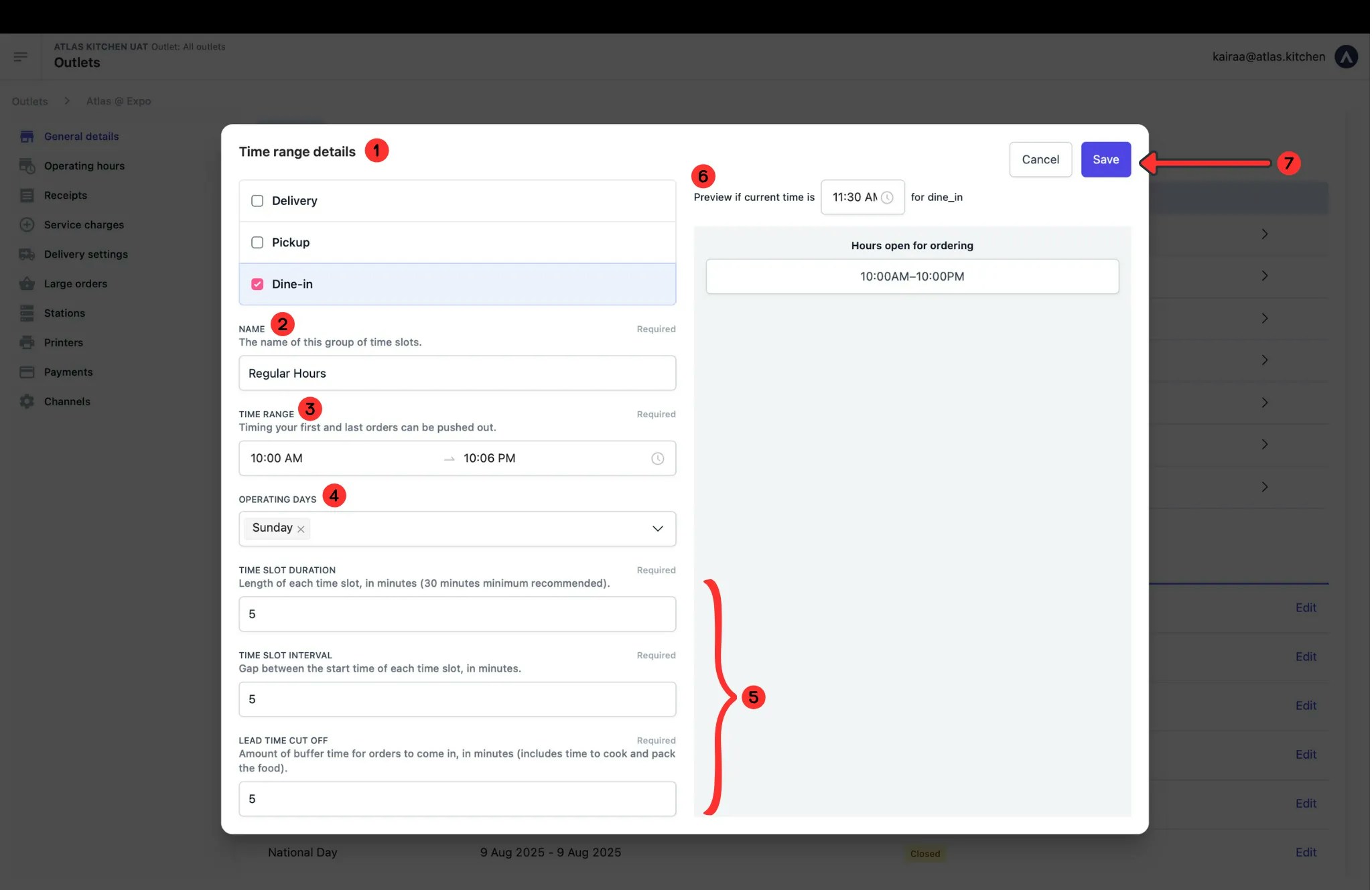 Service hours configuration form showing time range, operating days, and preview of how customers see hours