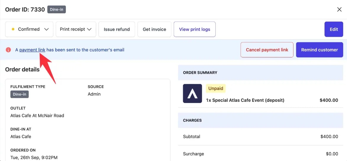 Order details page showing payment link that can be copied and shared with customers