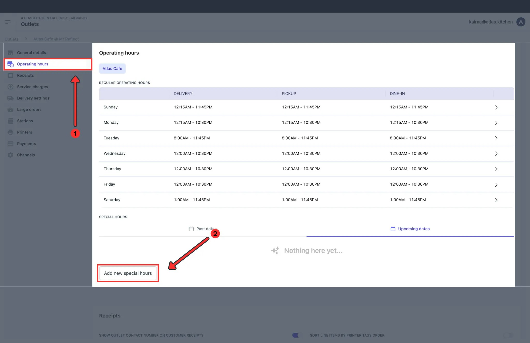 Operating Hours page with Add new special hours button to create holiday or special occasion hours