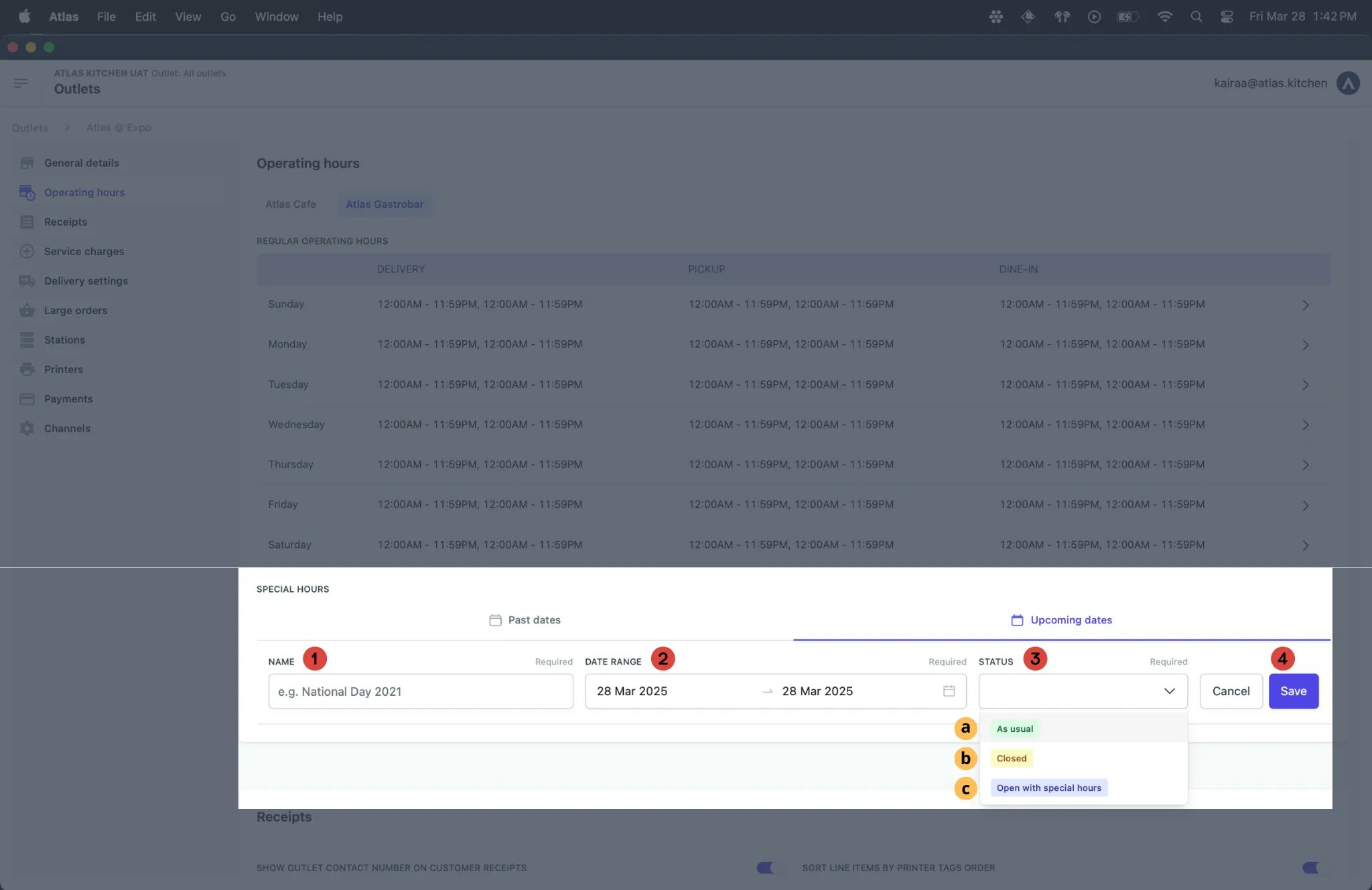 Special hours configuration form showing name, date range, and status options including As usual, Closed, or Open with special hours