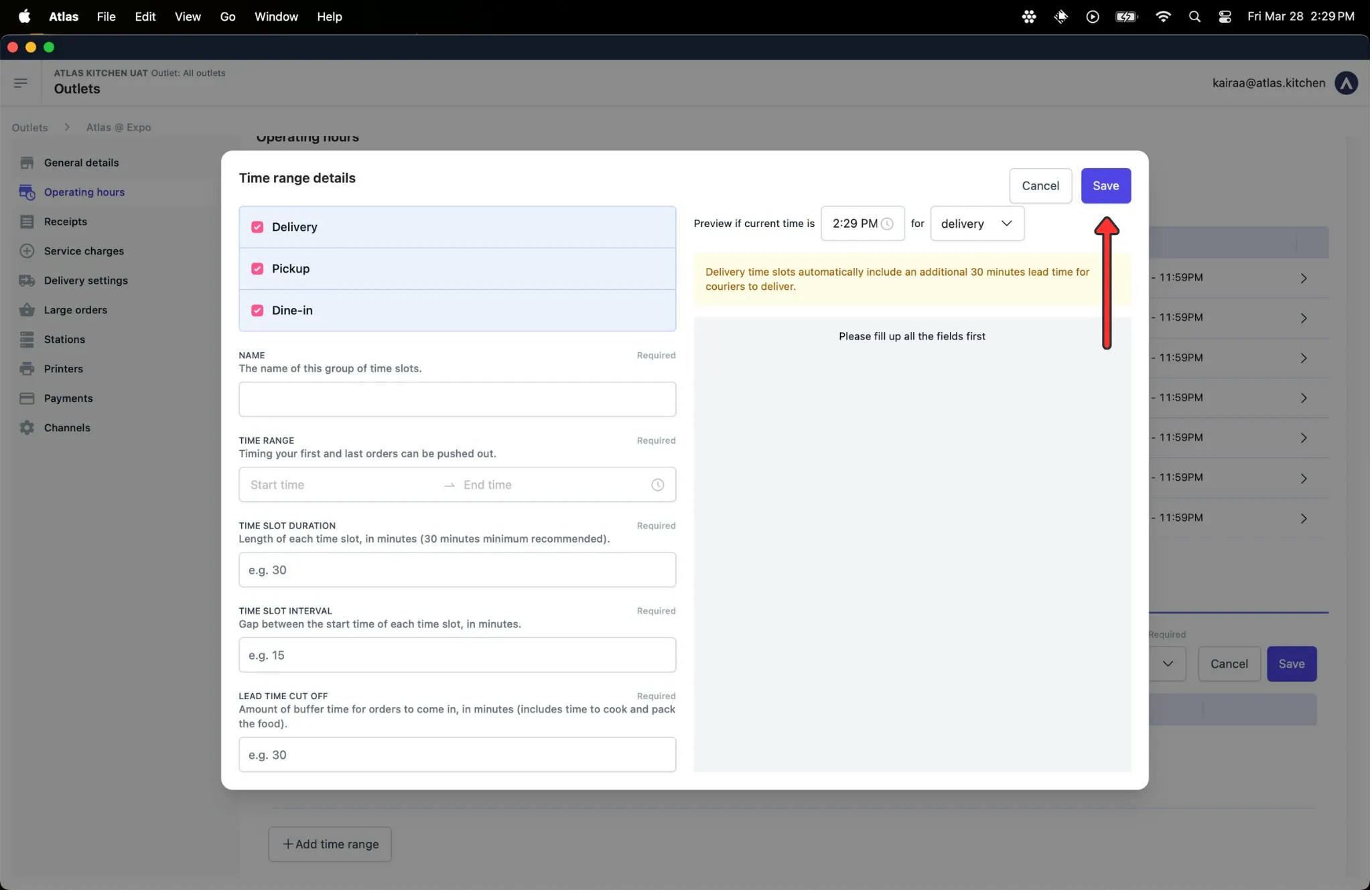 Time range configuration for special hours showing fulfillment type, time slot name, opening and closing times
