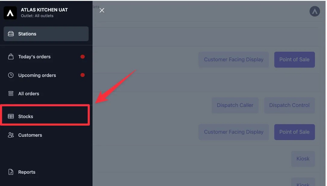 Sidebar navigation menu with Stocks option highlighted