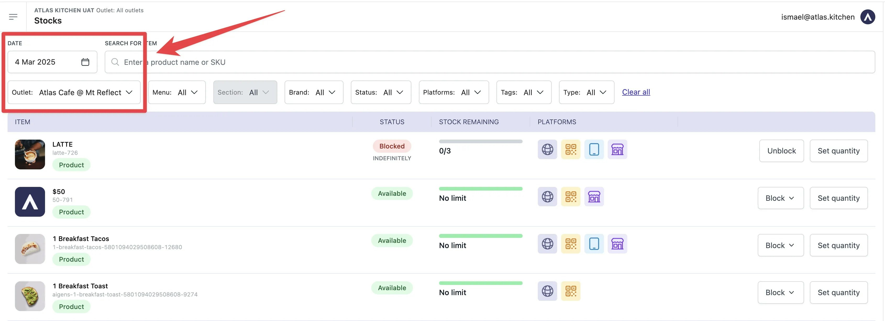 Stocks page showing date picker and outlet selector for managing inventory
