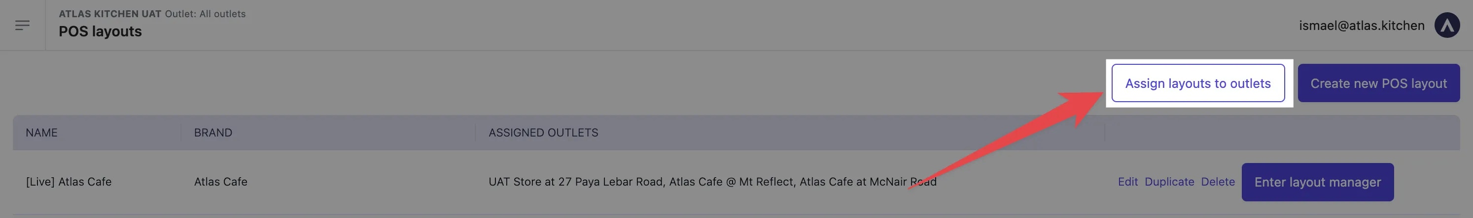 POS layouts page showing Assign layouts to outlets button to configure outlet-specific layouts