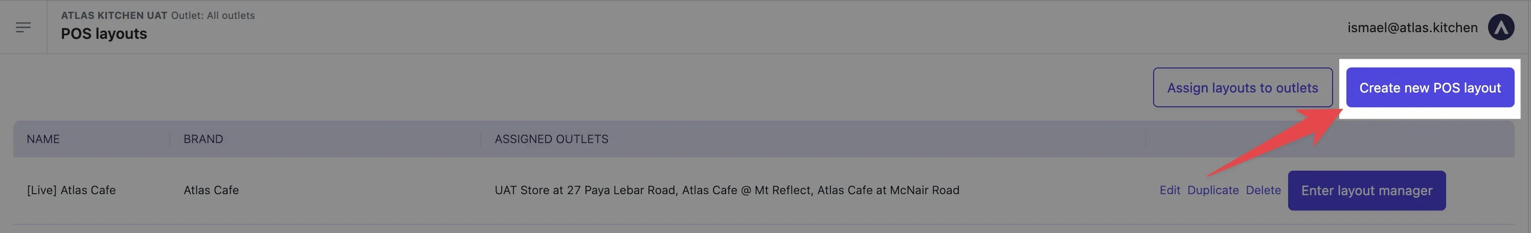 POS layouts page showing Create new POS layout button to add custom layout configuration