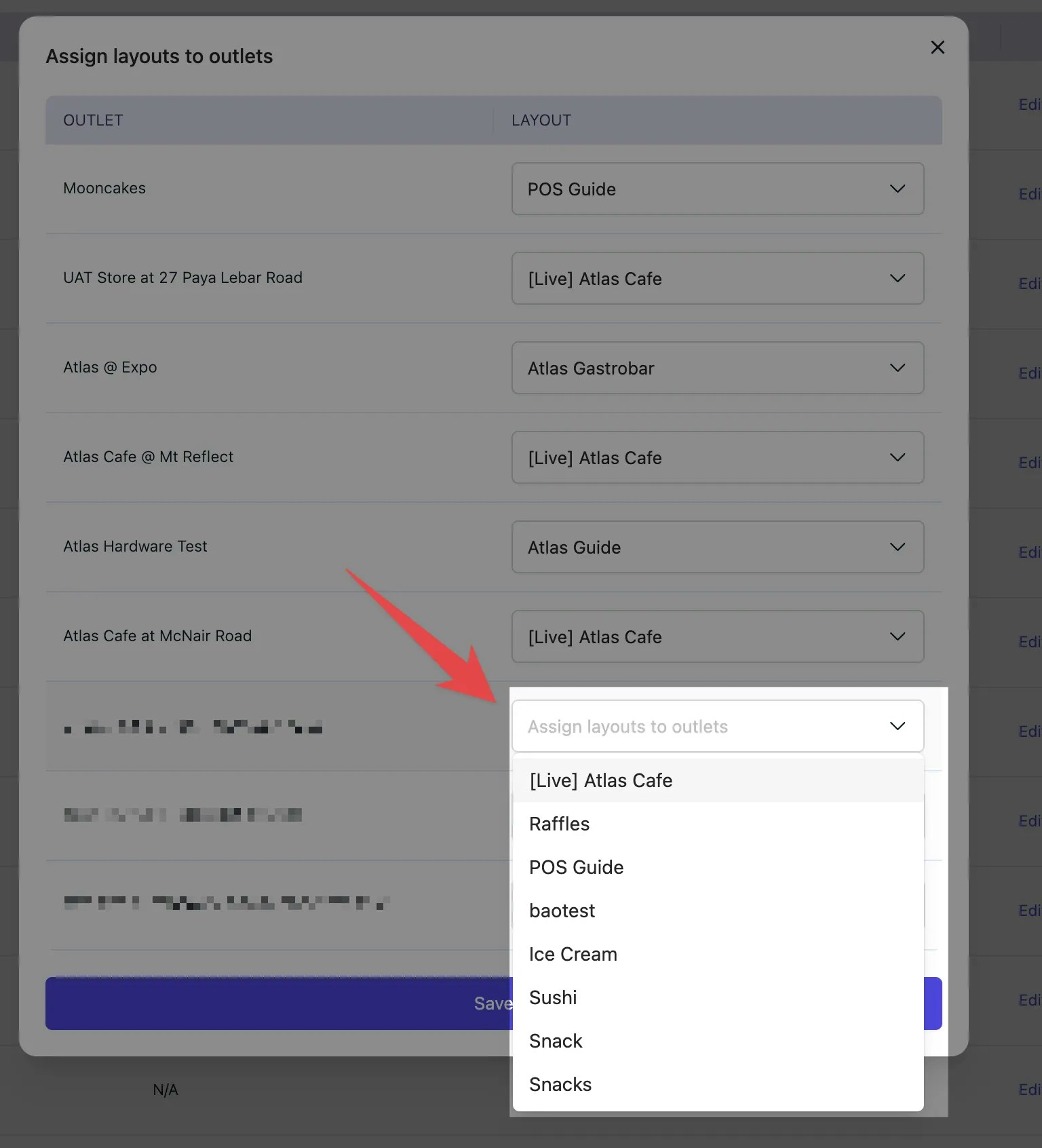 Outlet layout assignment form showing dropdown to map each outlet to its corresponding POS layout with Save button