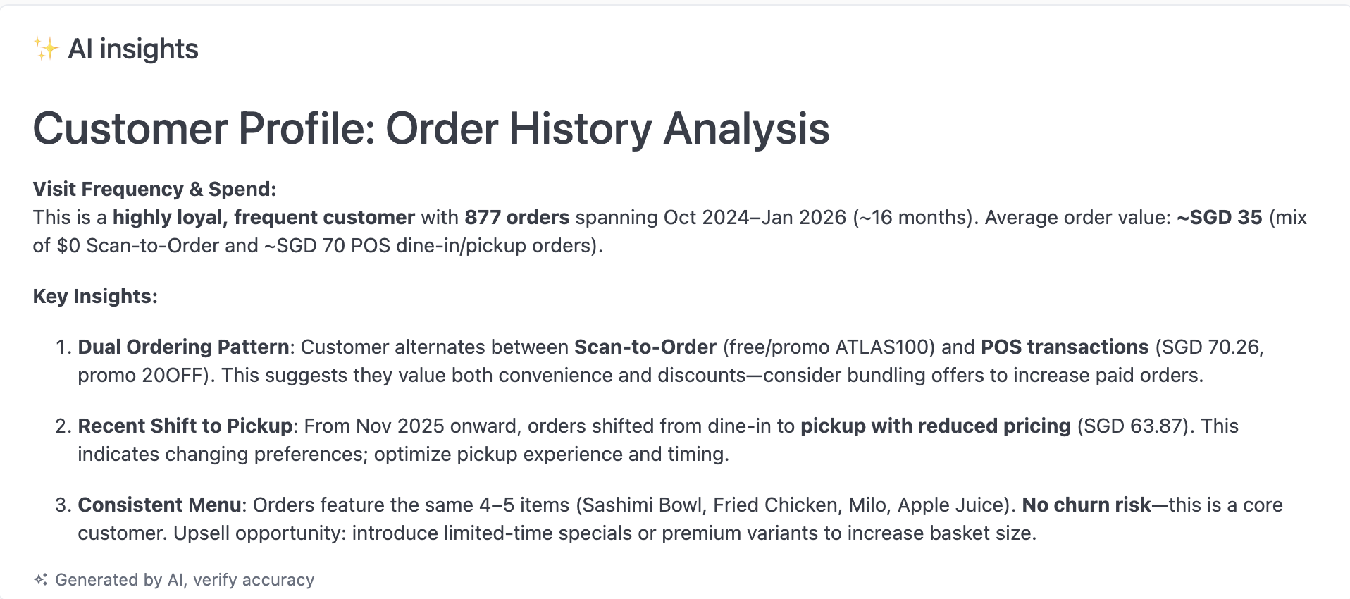 AI-generated customer profile with order history analysis, ordering patterns, and upsell opportunities