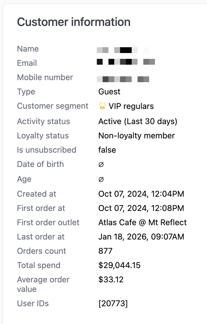 Customer information panel showing name, email, type, segment, activity status, loyalty status, order counts, total spend, and average order value