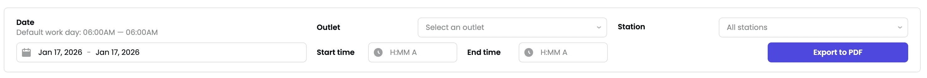 Filters showing date range, start/end time, outlet selector, and station filter