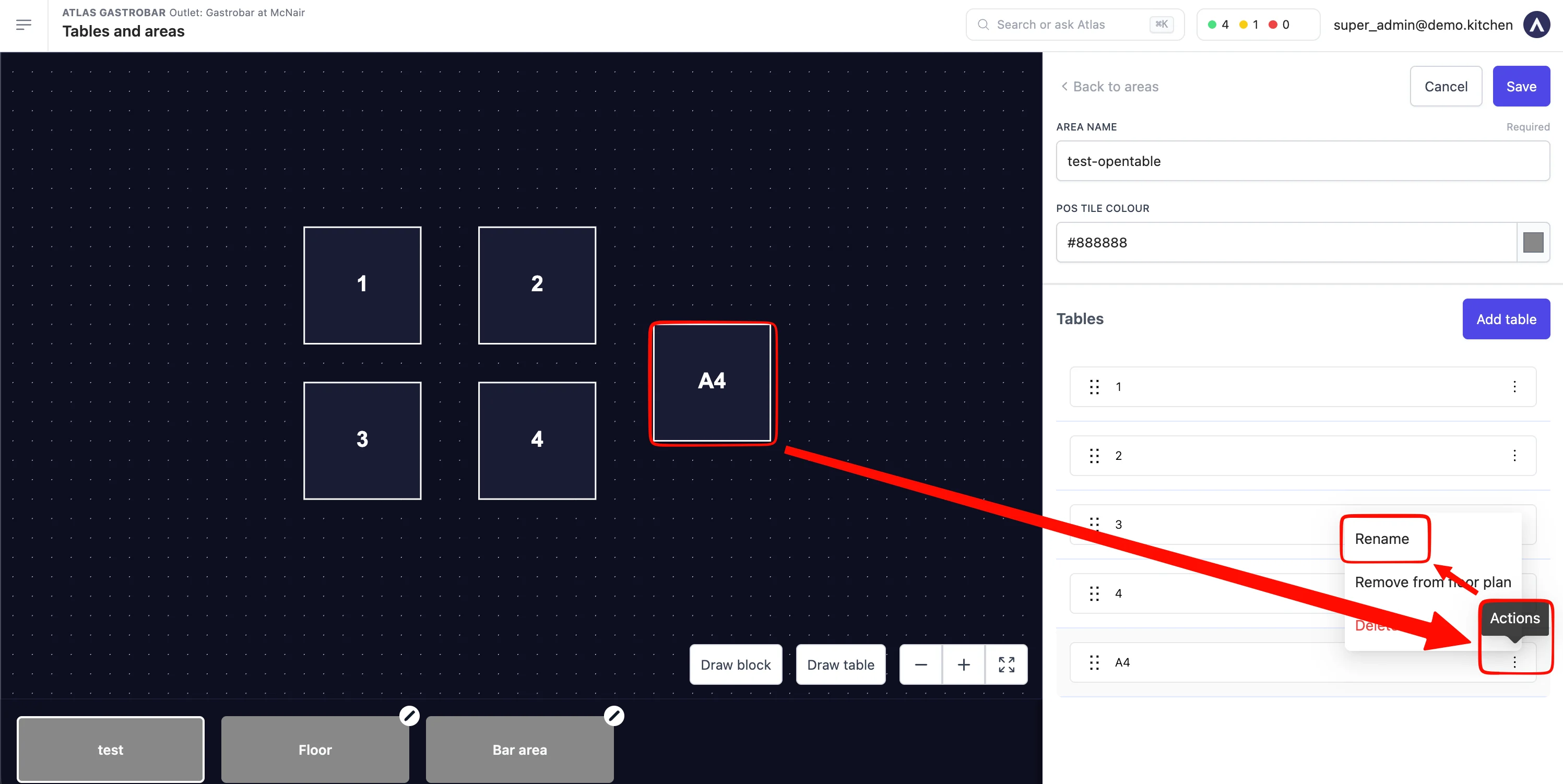 Atlas Tables and areas page with table A4 selected and the Rename action highlighted in the table's actions menu