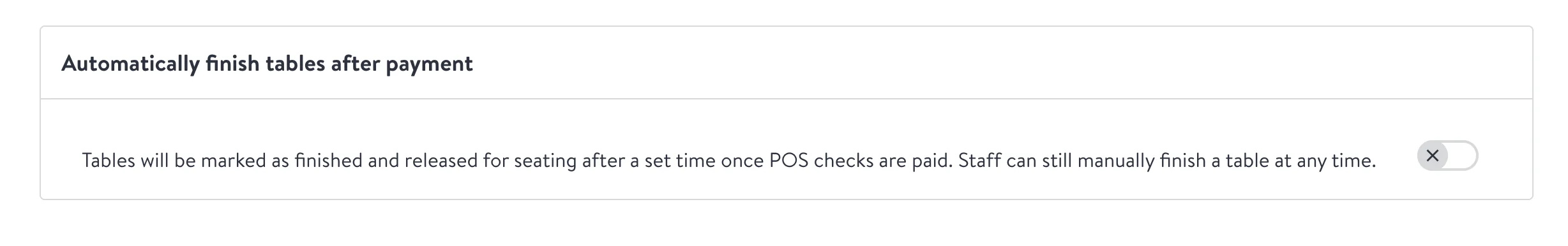 OpenTable setting titled Automatically finish tables after payment, with a toggle to release tables once POS checks are paid