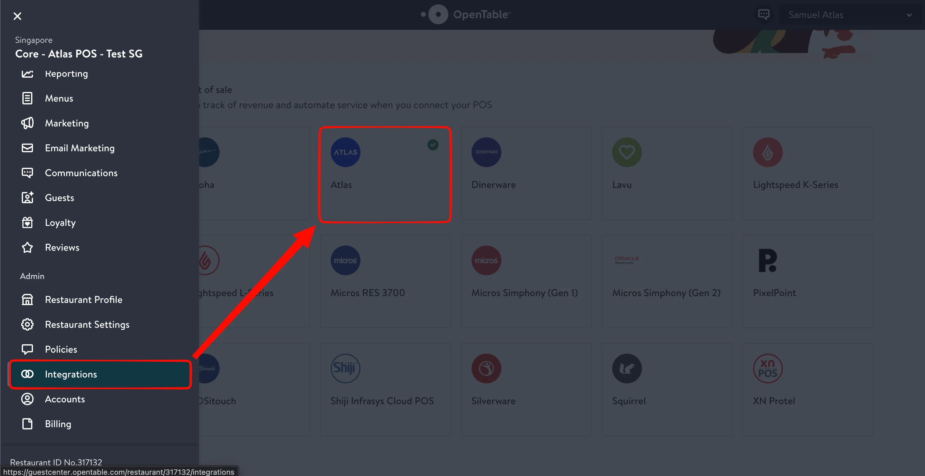 OpenTable Integrations page showing the Atlas point-of-sale tile and the Integrations menu item under Admin