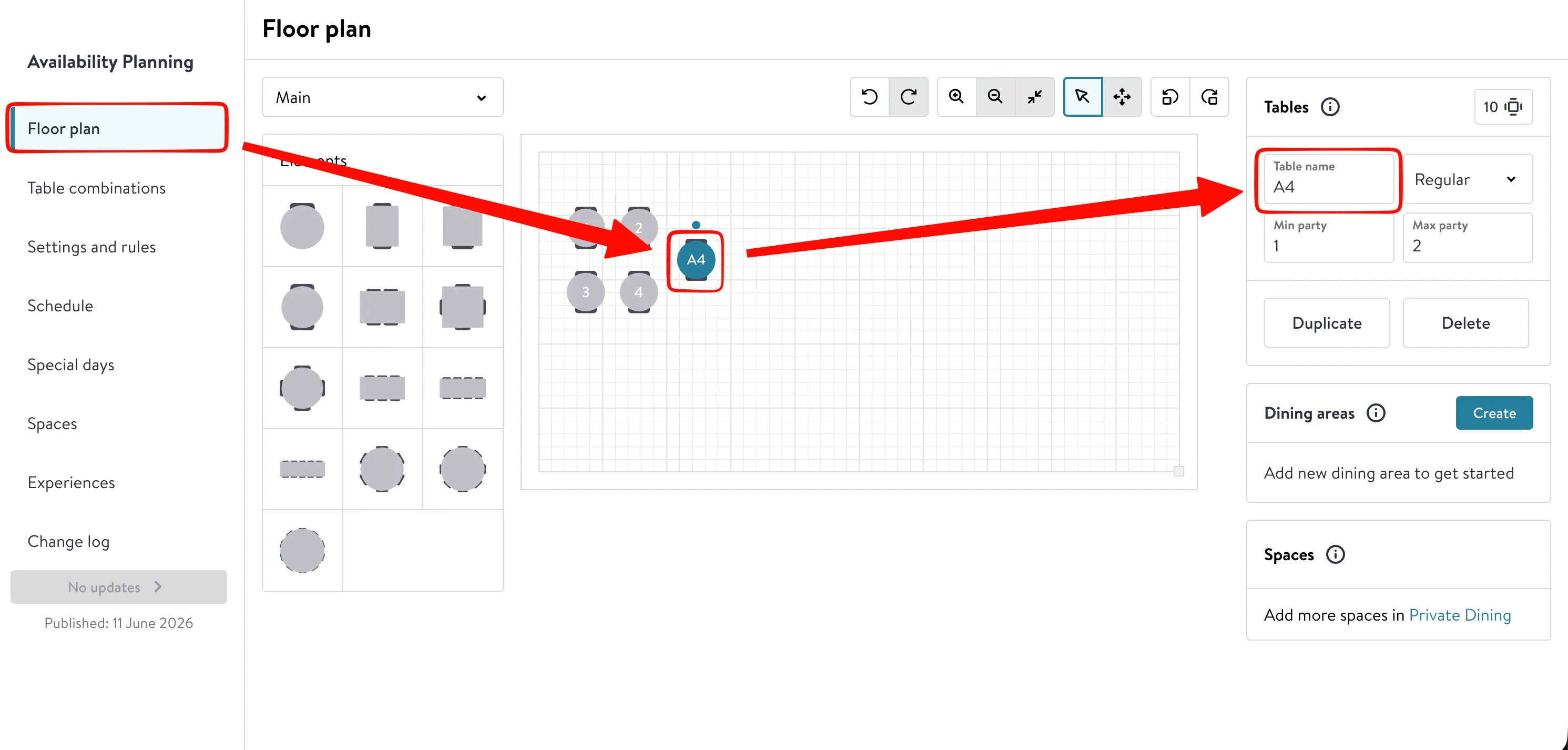 OpenTable Floor plan editor with a table selected and its Table name field highlighted