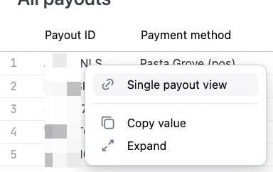 Context menu showing Single payout view option