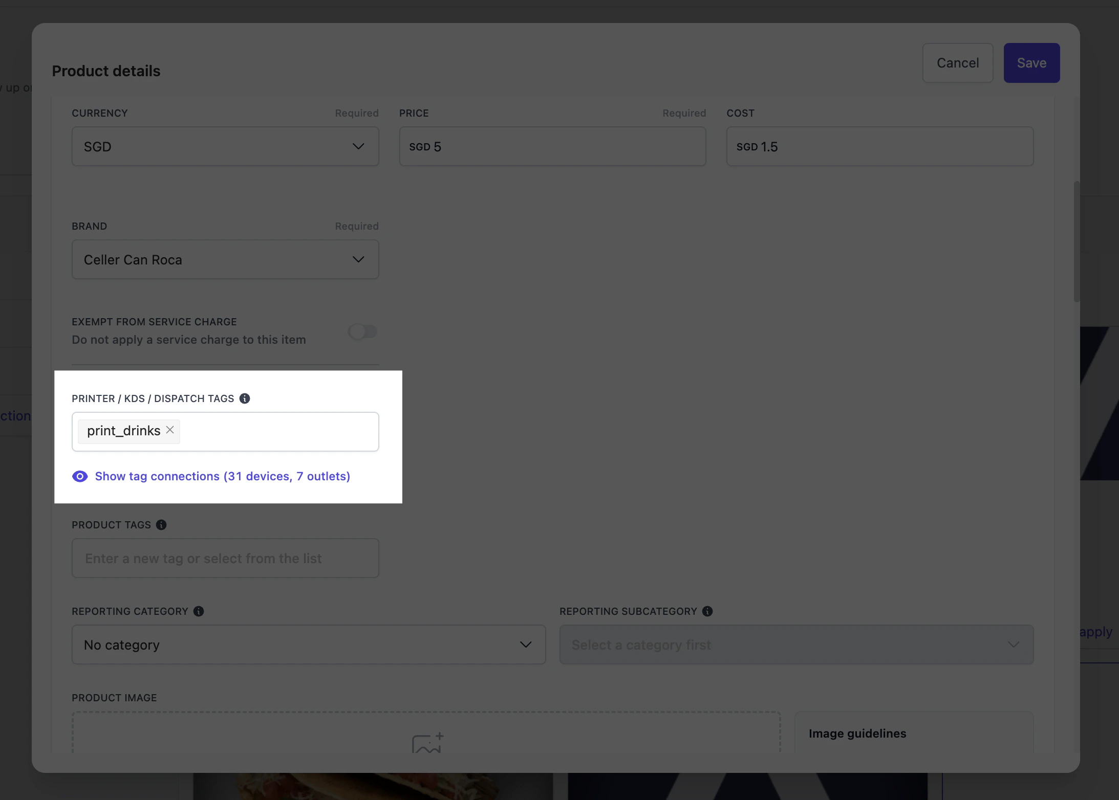 Product details modal with the Printer / KDS / Dispatch tags field highlighted, showing print_drinks applied to a product.
