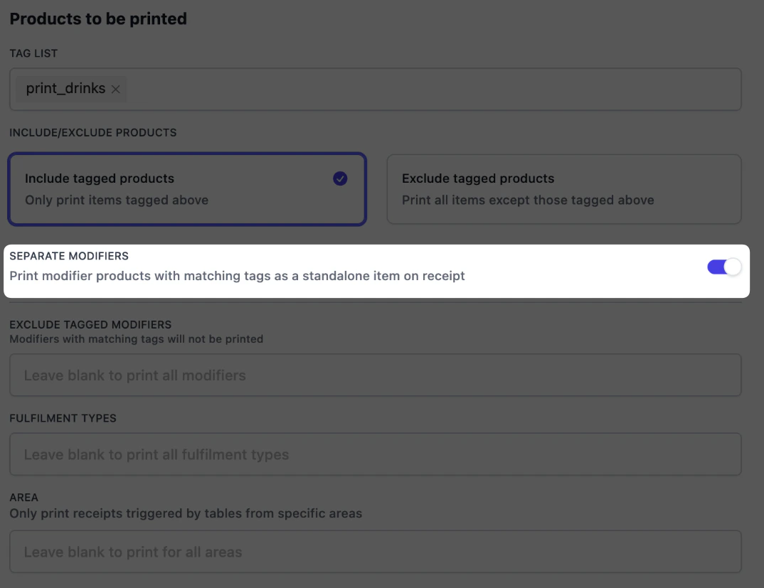 Products to be printed panel with the Separate modifiers row highlighted. The toggle is on. Caption reads: Print modifier products with matching tags as a standalone item on receipt.