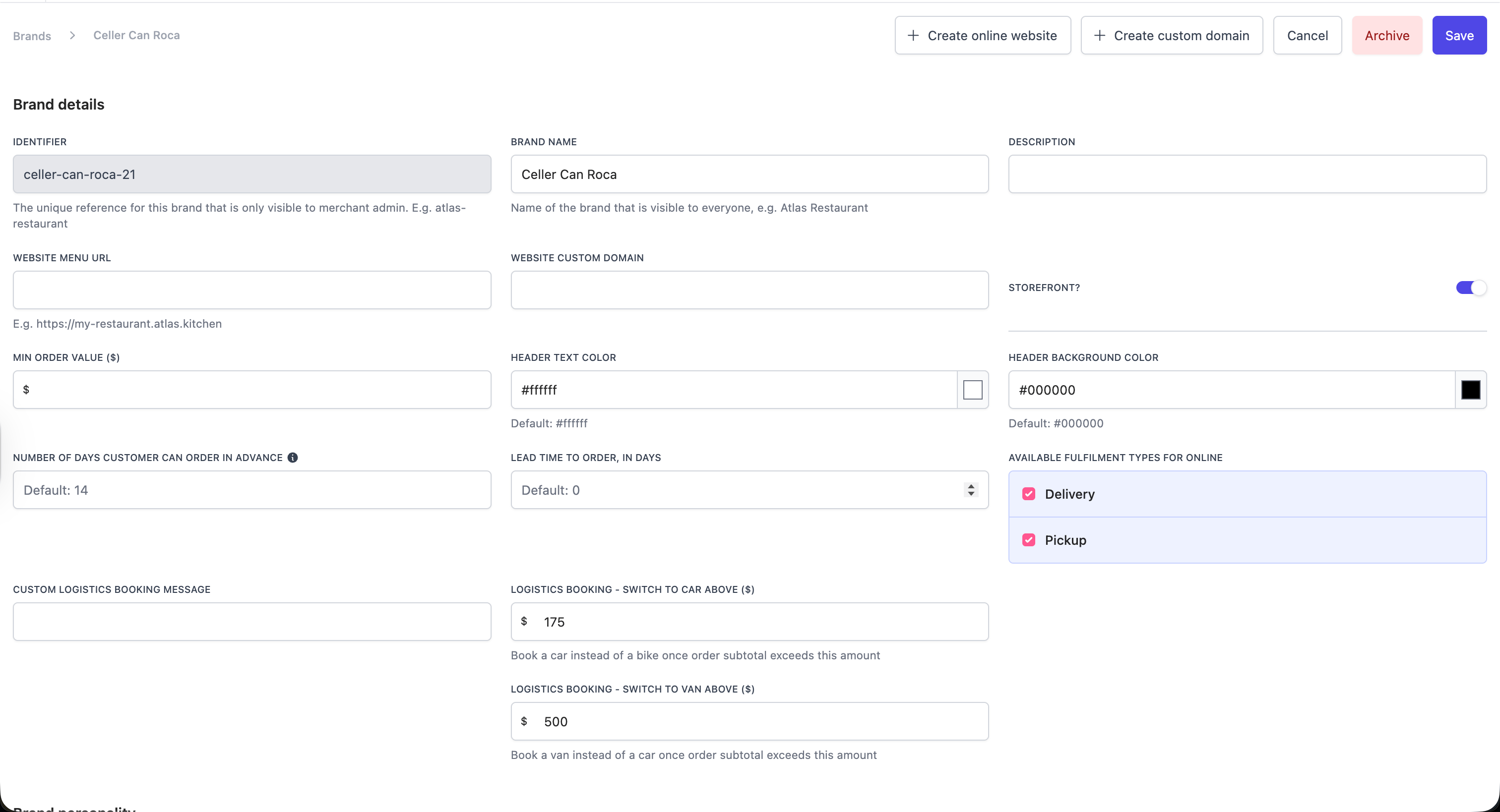 The Brand details page under Settings > Brands, showing the Min order value field alongside website, fulfilment type, and logistics booking settings.